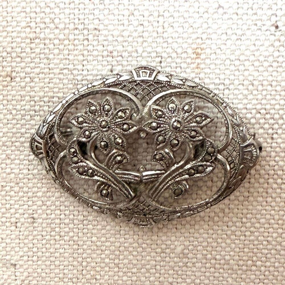 Vintage KD Sterling Silver Marcasite Floral Brooch